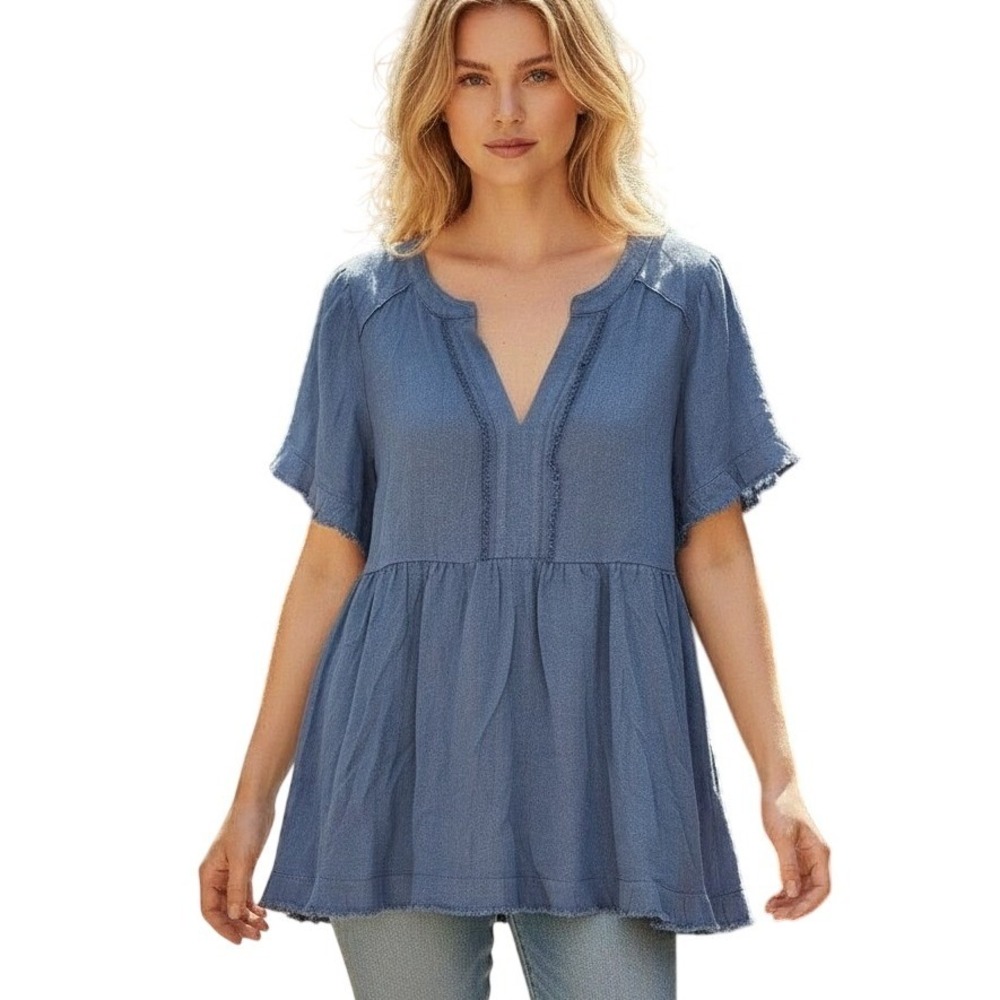 Umgee USA Blue Linen Blend Frayed Babydoll Tunic Top B8740 Womens Large NEW